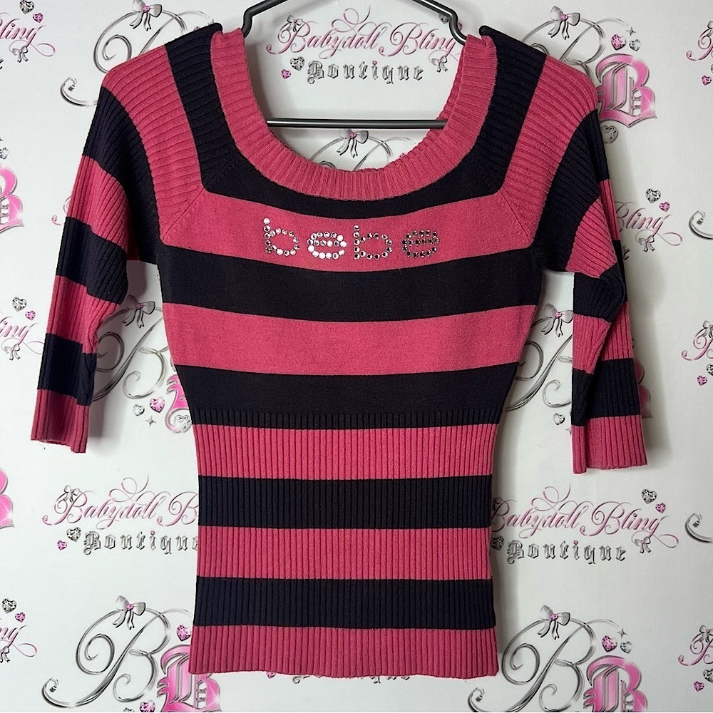 Bebe Pink and Black Striped Knit Top Swarovski crystal bling logo rare y2k